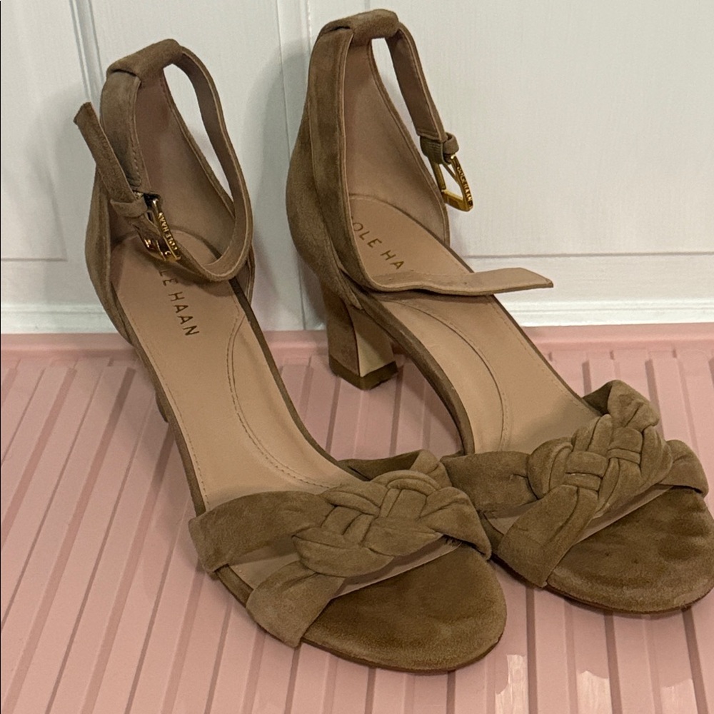Cole Haan Braided Suede Ankle Strap Heels in Tan